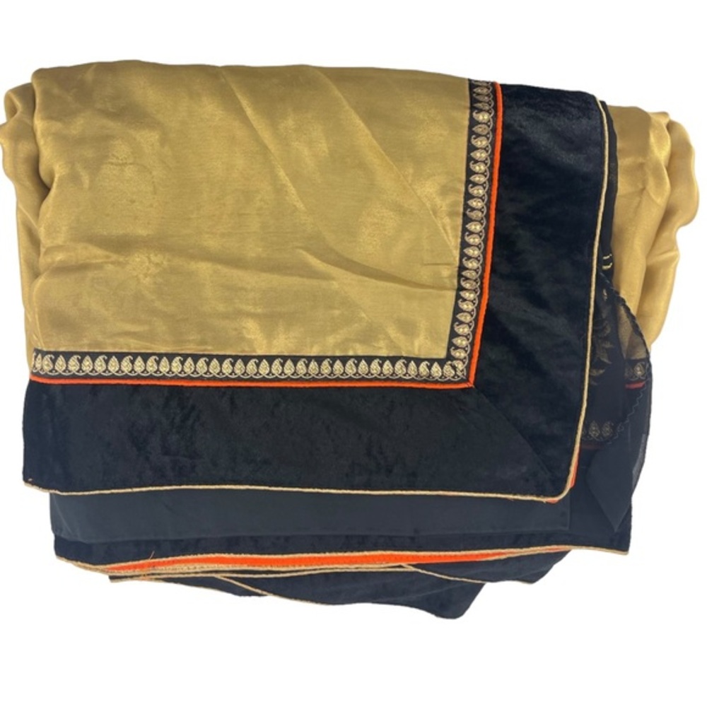 Indian Saree Velvet Black w/ Gold Design & Orange New Black Slip Included